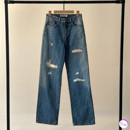 شلوار جین نیم بگ آبی وسط زاپدار