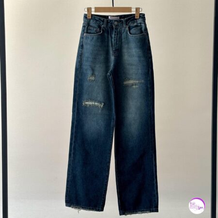 شلوار جین نیم بگ آبی تیره دبل زاپ